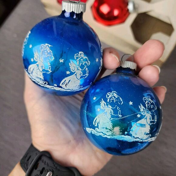 Vintage Shiny Brite Christmas Ornaments Blue White Angel Candle 6 Pieces Set - Picture 8 of 11